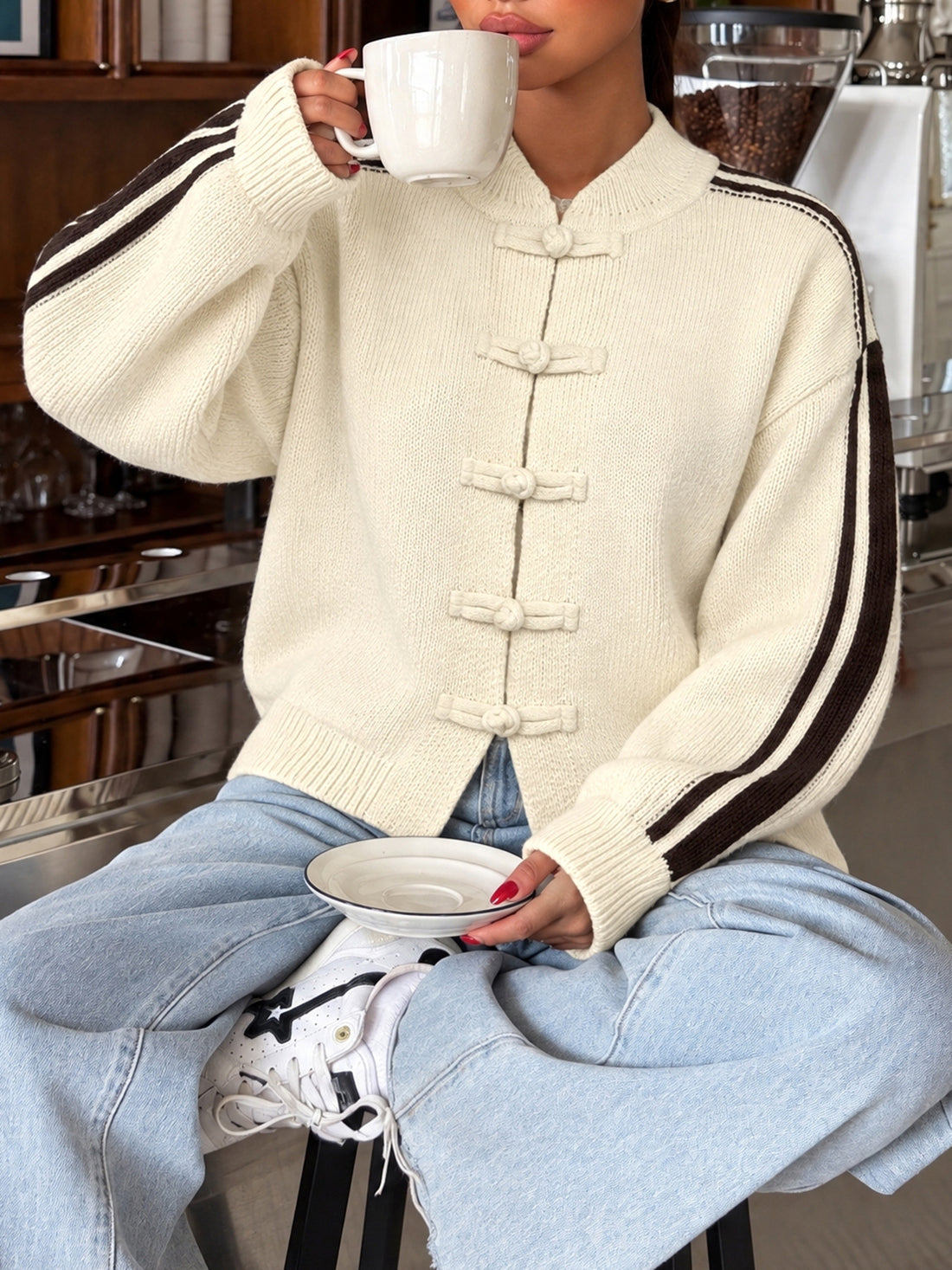 cream cardigan with striped and mandarin collar