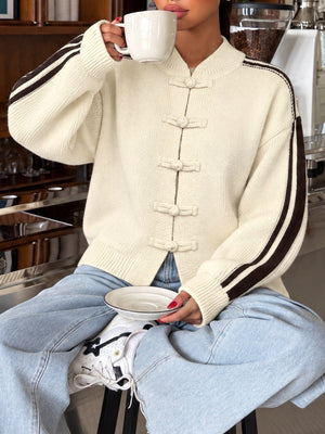 cream cardigan with striped and mandarin collar