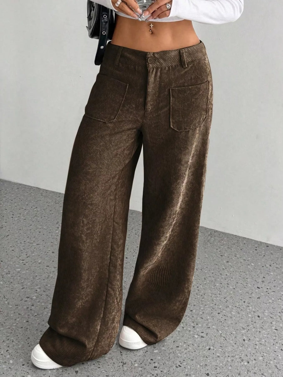 Brown corduroy wide-leg trousers with front pockets and a comfortable fit.