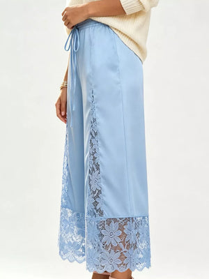 Pink Lace Trim Wide-leg Cropped Pants
