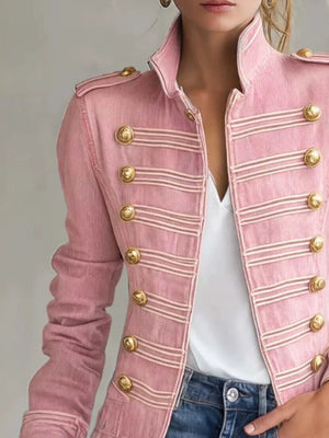 vintage-inspired denim jacket in blush pink with collared