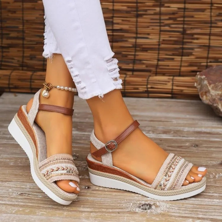 Embellished espadrille platform sandals in khaki with beaded details and buckle straps.