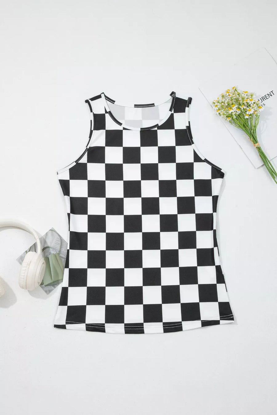 Graphic checkerboard seamless tank top with round neckline and sleeveless cut.