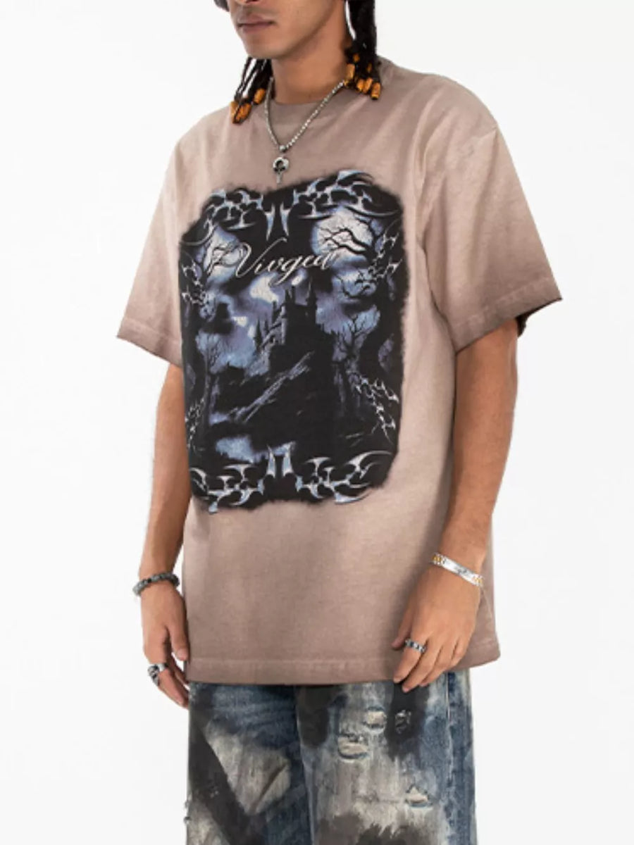 dark blue t-shirt featuring graphic print and graphic print