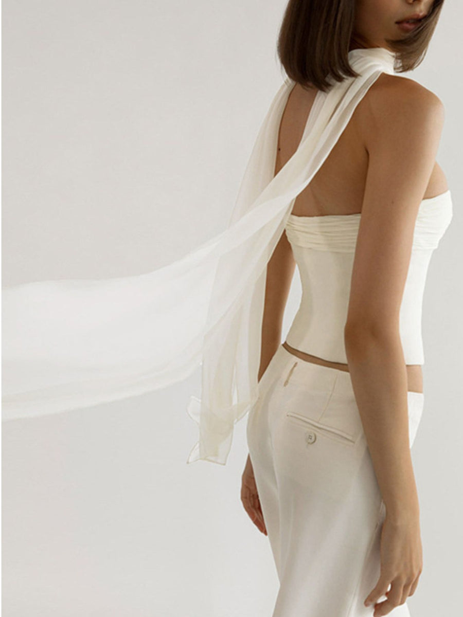 White ruched tube top with a sheer scarf detail, cropped length