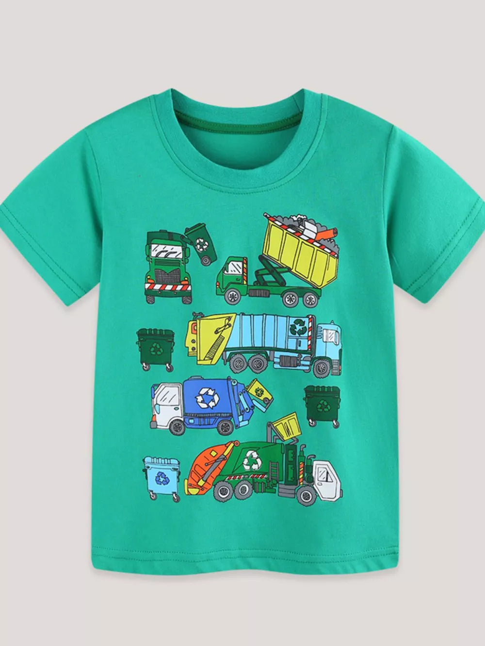 Green cotton t-shirt with playful cartoon garbage trucks and recycling bins graphic print.