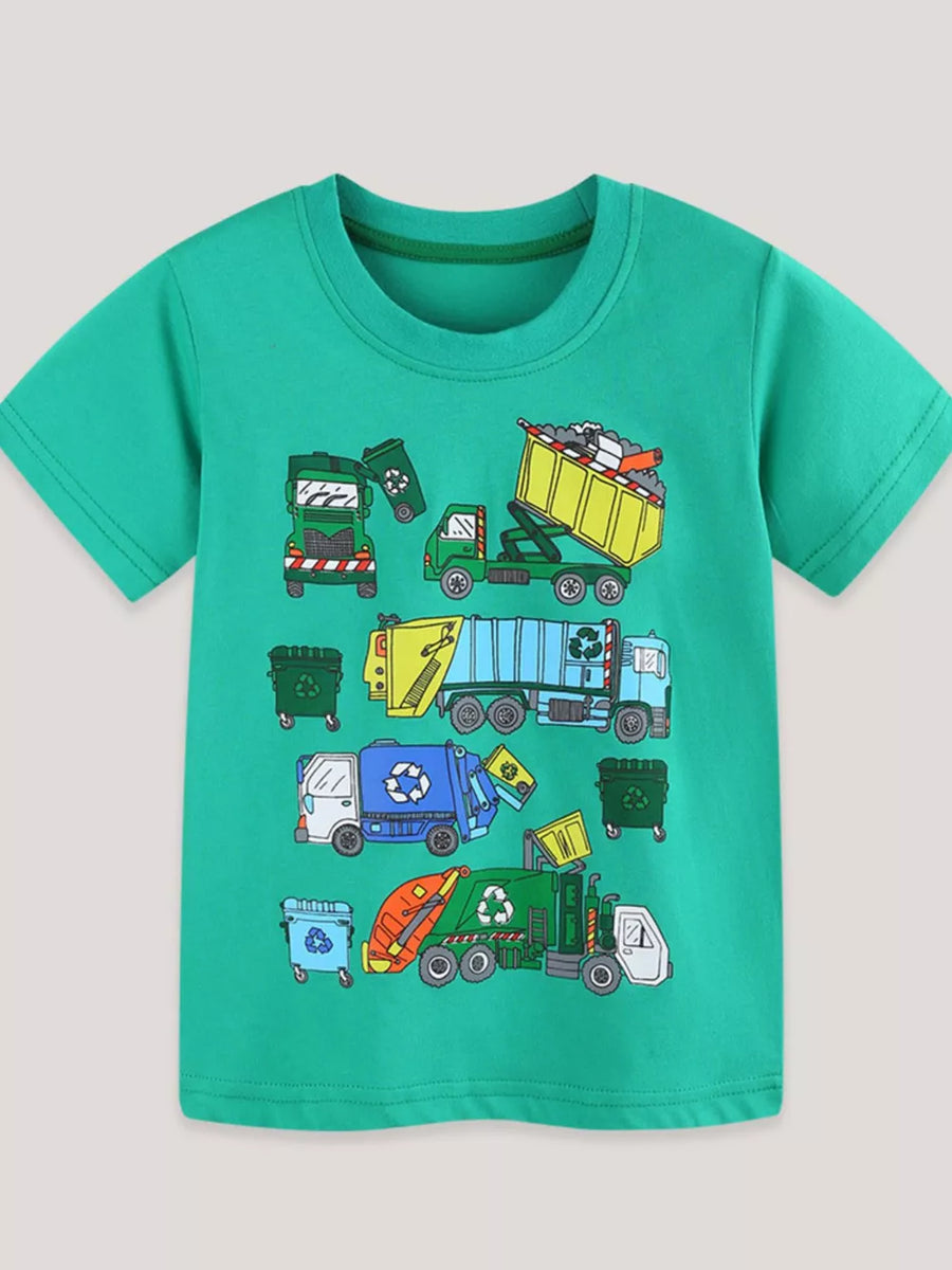Green cotton t-shirt with playful cartoon garbage trucks and recycling bins graphic print.