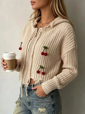 White Cherry Knit Zip-up Hooded Sweater