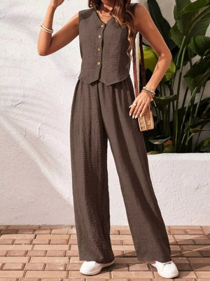 Chocolate cropped vest and wide-leg pants outfit set with button detail