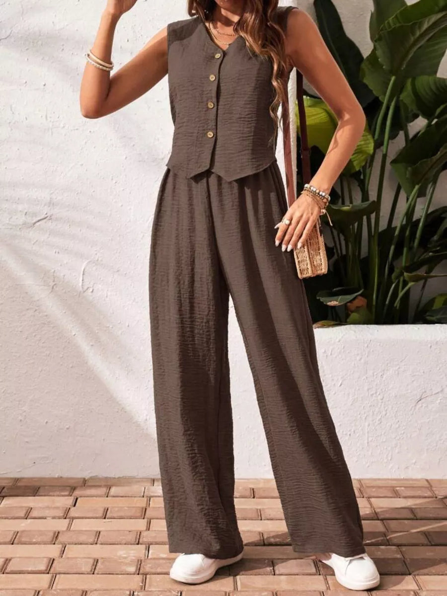 Chocolate cropped vest and wide-leg pants outfit set with button detail