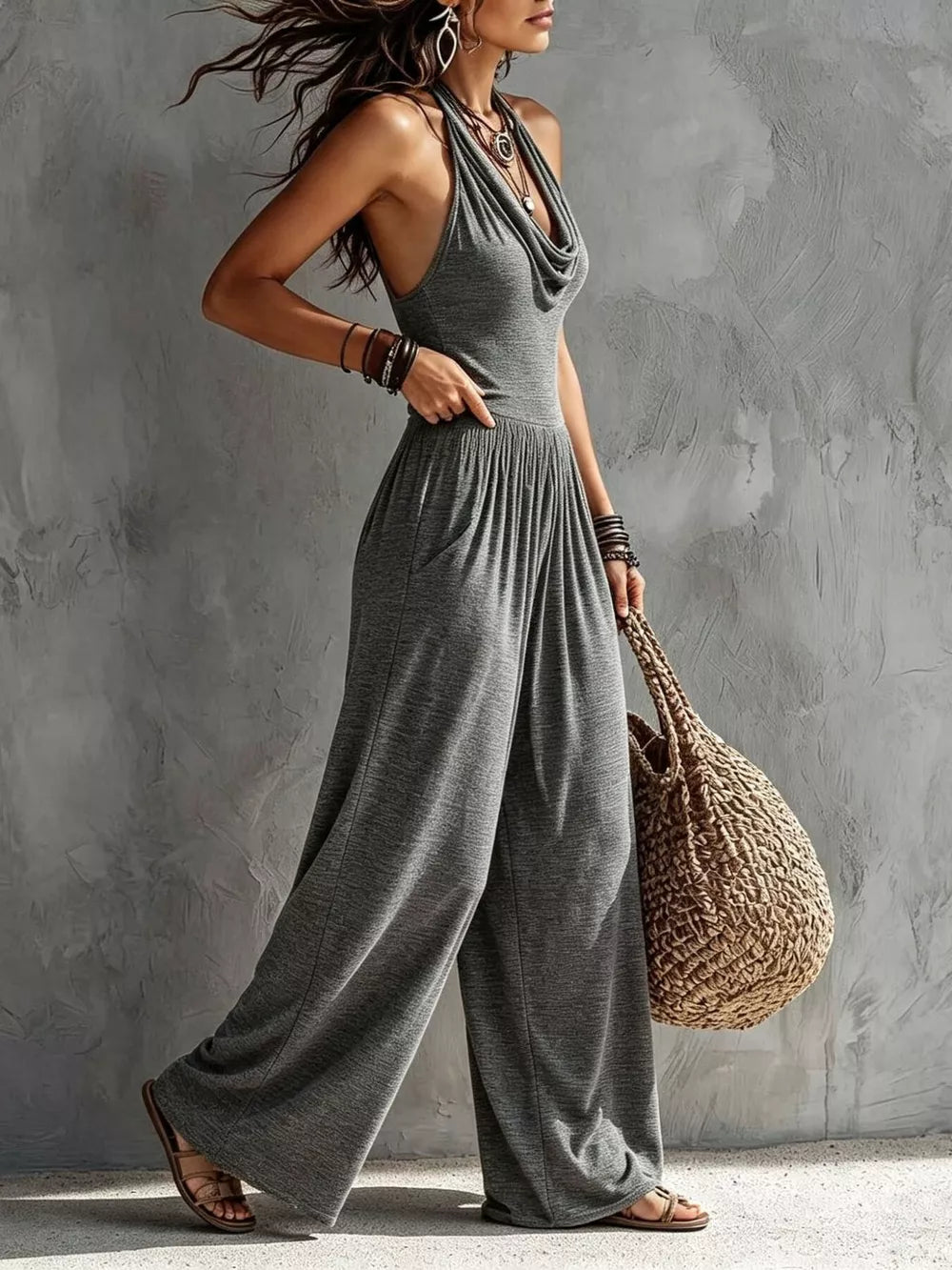 100% polyester Care instructions: Machine wash cold jumpsuit in Gray with relaxed silhouette