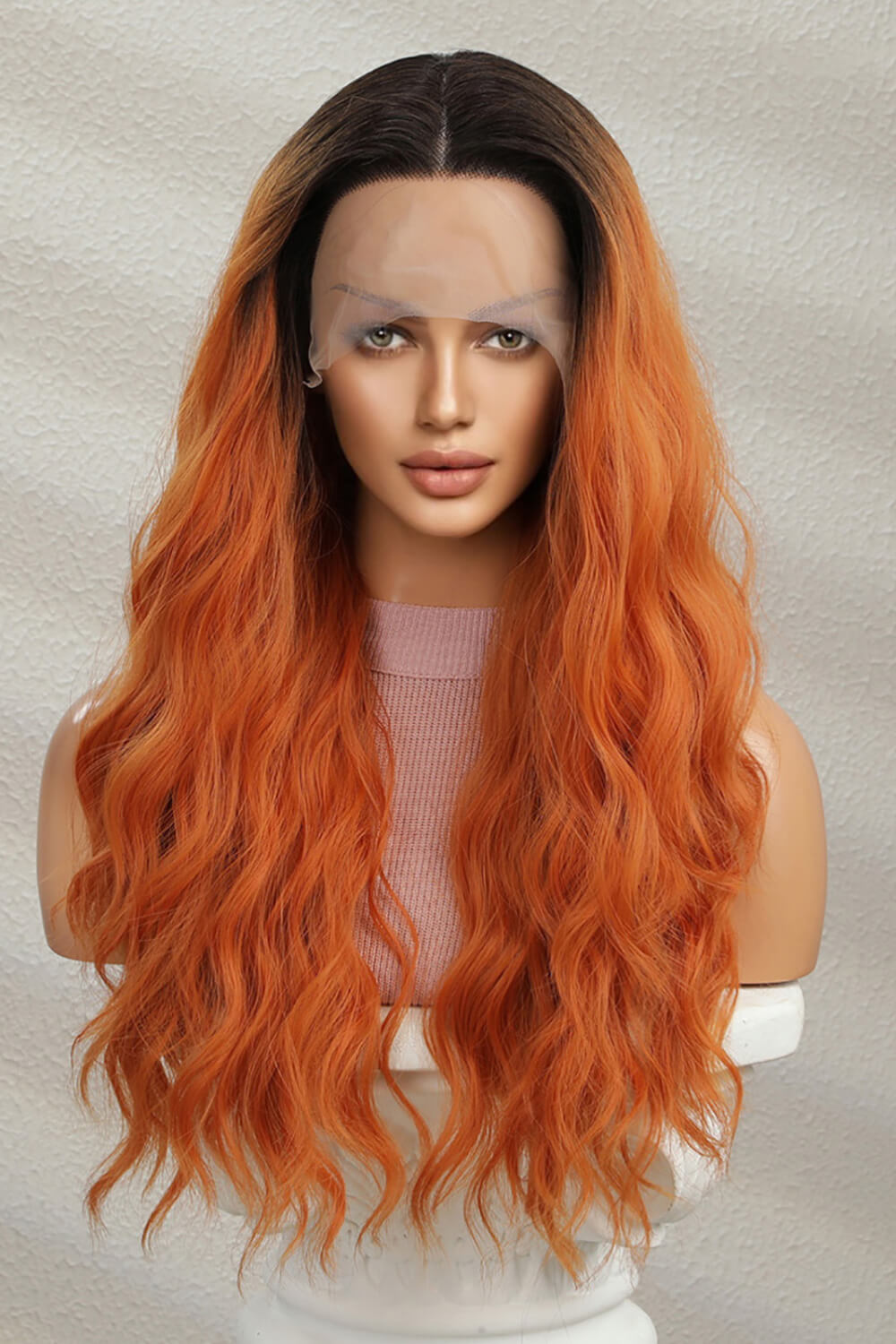 Sunset Ombre Lace Front Wig in Ginger/Brunette Root with wavy copper-orange hair.