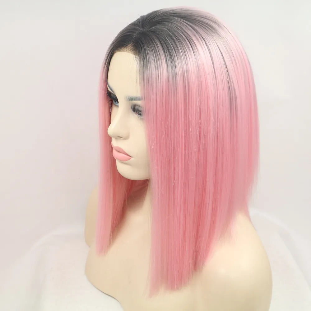 Ombre pink blunt cut wig with black roots, styled on a mannequin.