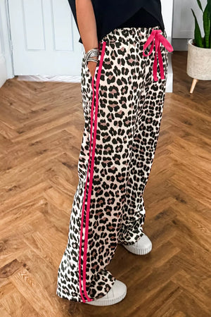 Leopard print casual maternity pants with pink side stripes and drawstring.