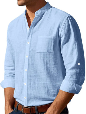 Light Blue linen relaxed fit shirt with mandarin collar and chest pocket.