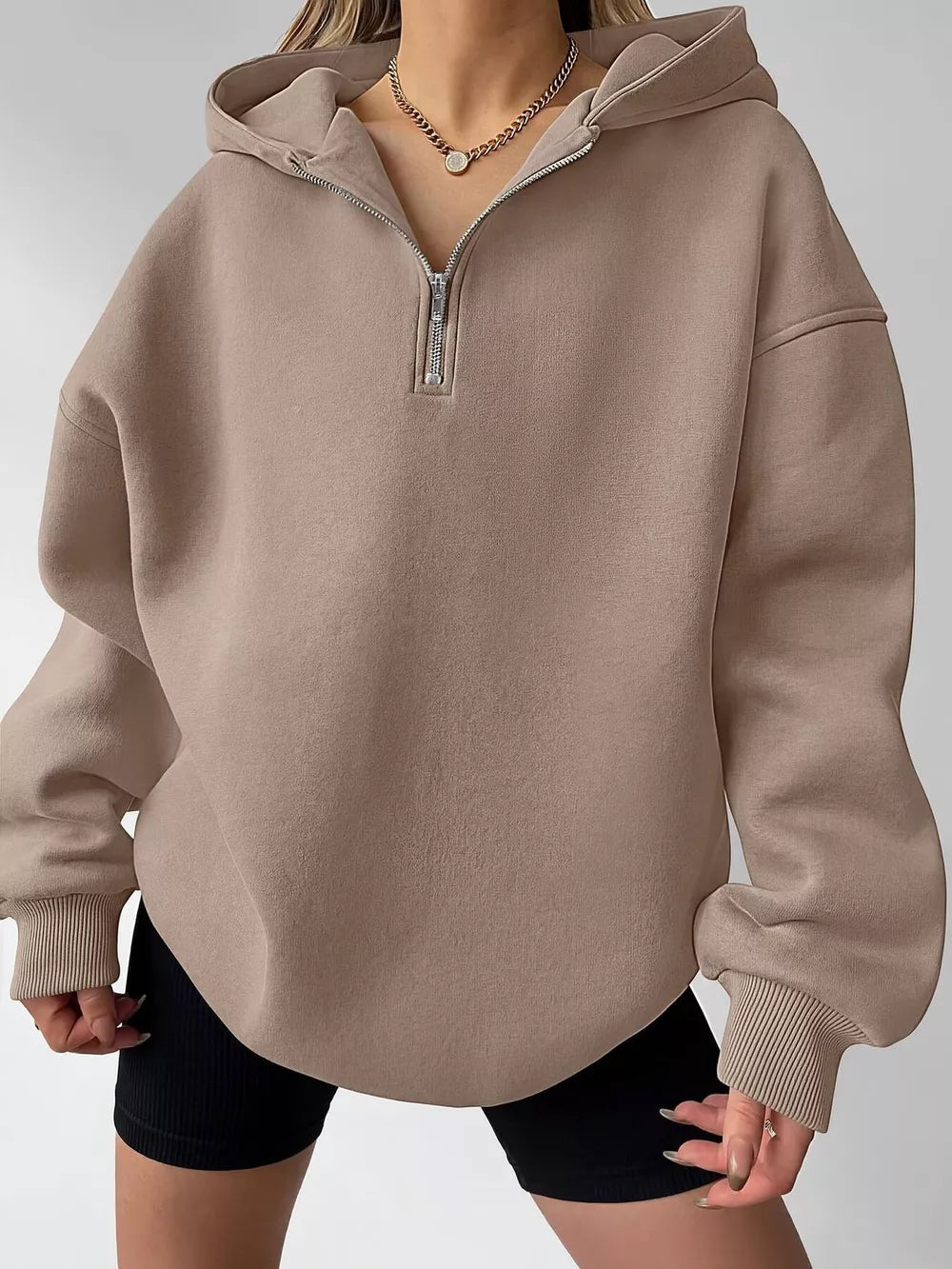 Light Gray zip hoodie with hip-length and quarter-zip