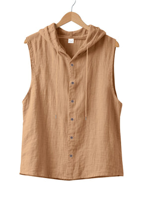 Casual hooded sleeveless shirt in light khaki cotton with button front and drawstring.