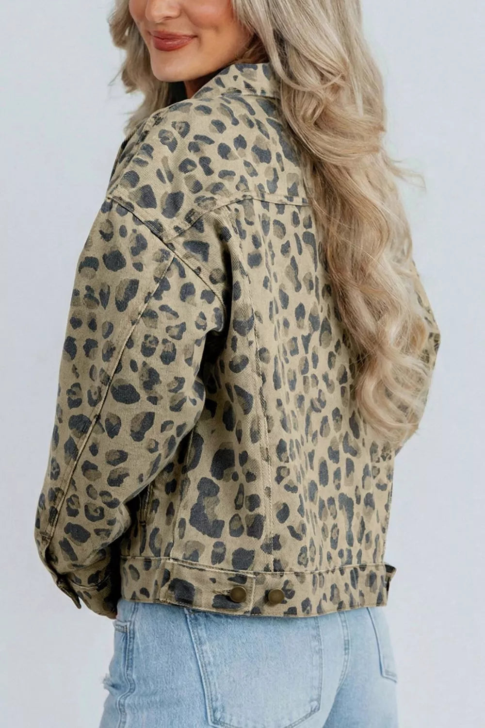charcoal denim jacket featuring buttoned and leopard-print