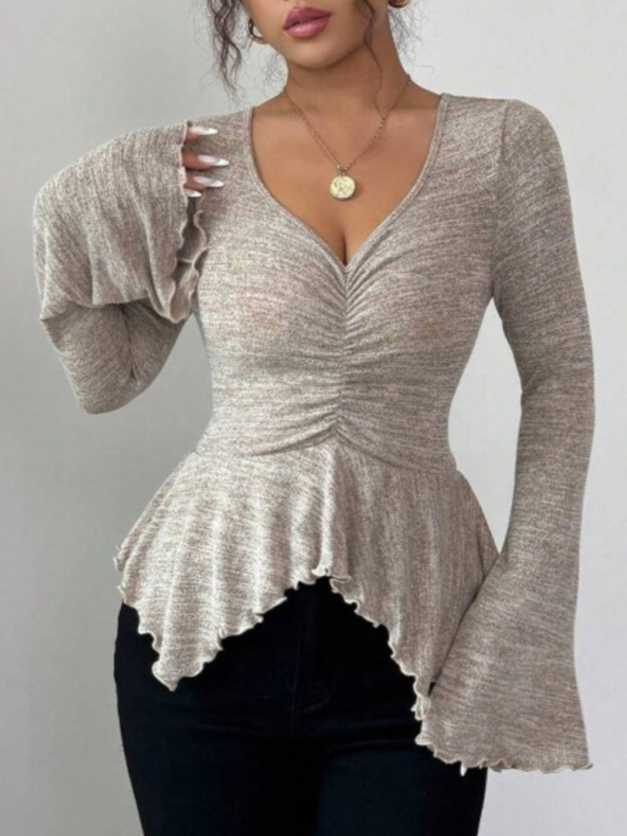 Dark Gray fitted peplum top with v-neck