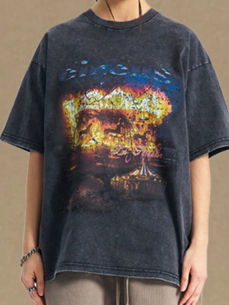 Black oversized graphic tee with vintage circus explosion design