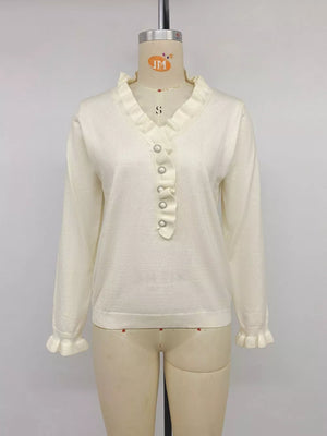 Ruffle Trim Pearl Button V-neck Knit Top in Apricot, view 13