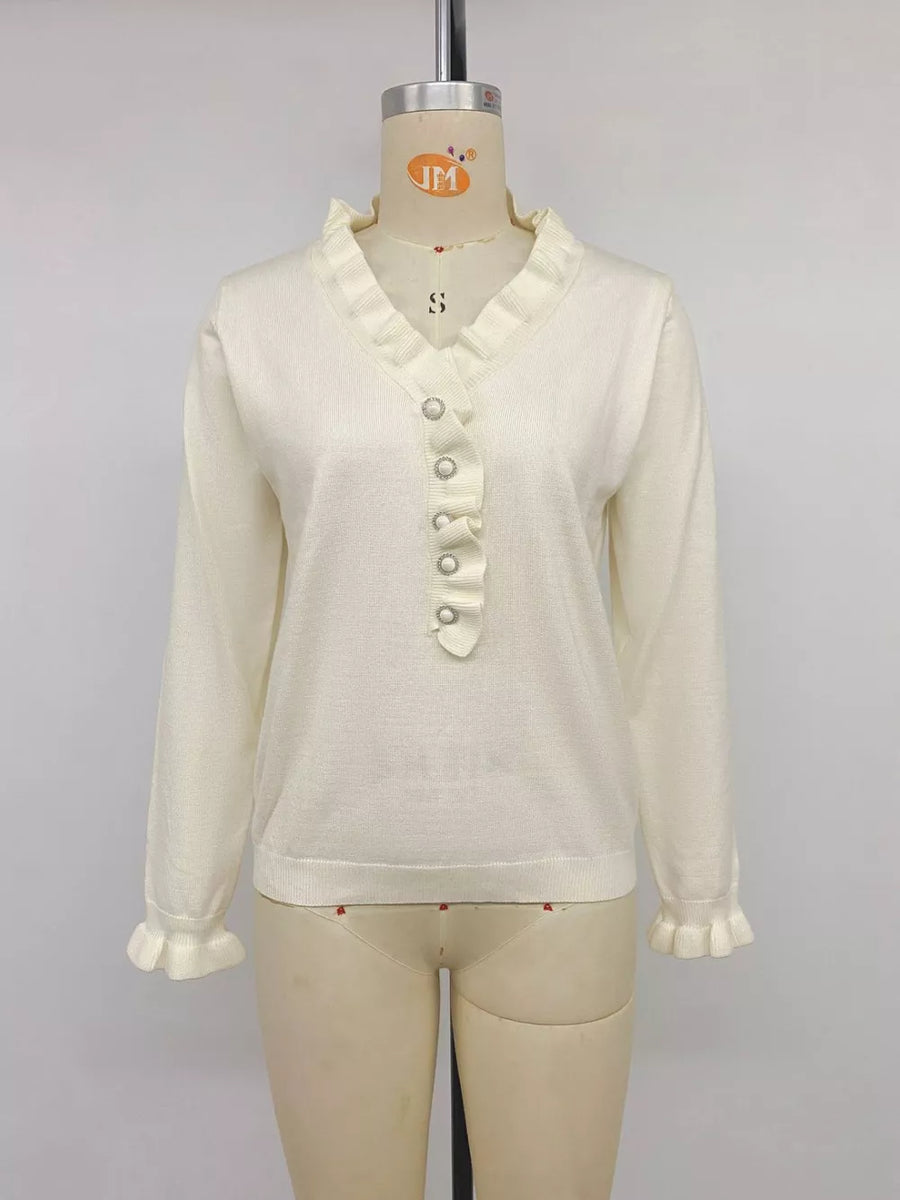 Ruffle Trim Pearl Button V-neck Knit Top in Apricot, view 13
