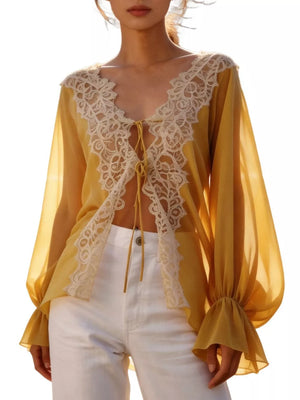 Sheer Lace-trimmed Front Tie Blouse in Khaki
