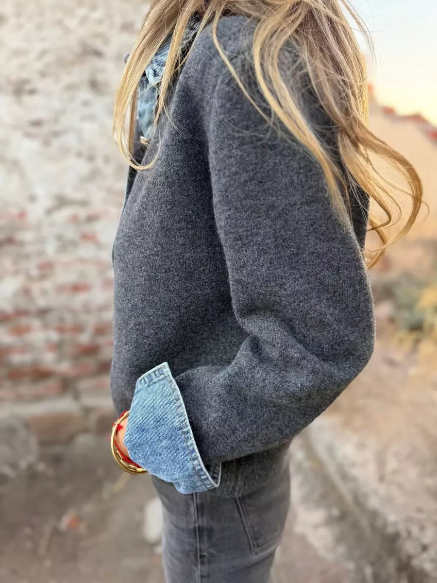 Grey with Contrast Denim Trimmed Sweater Cardigan