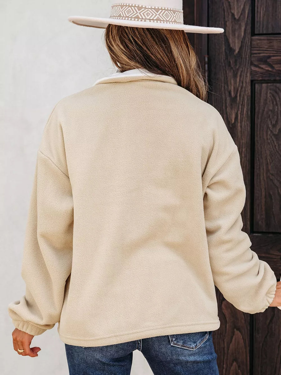 Khaki with Fleece Colorblock Patchwork Zipped Neck Pullover