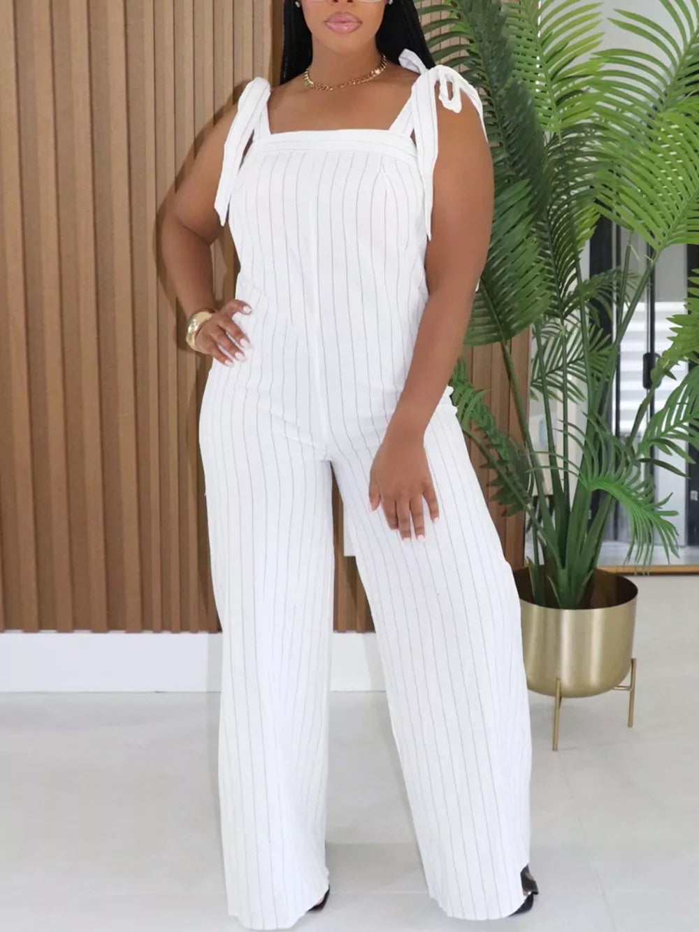 White pinstripe tie-strap wide-leg romper with square neckline