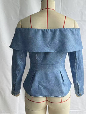 95% cotton, 5% elastane Care instructions: Machine wash cold off-shoulder top in Light Blue with fitted silhouette