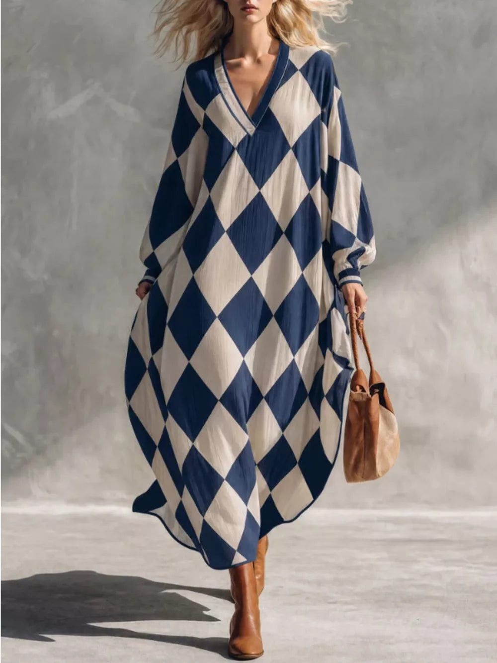 navy blue maxi dress with argyle and v-neck