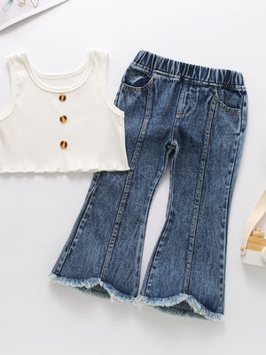 Toddler white ribbed tank with buttons and frayed flare jeans set