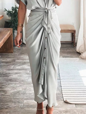 Light Gray tie-waist midi dress with button front and draped skirt.
