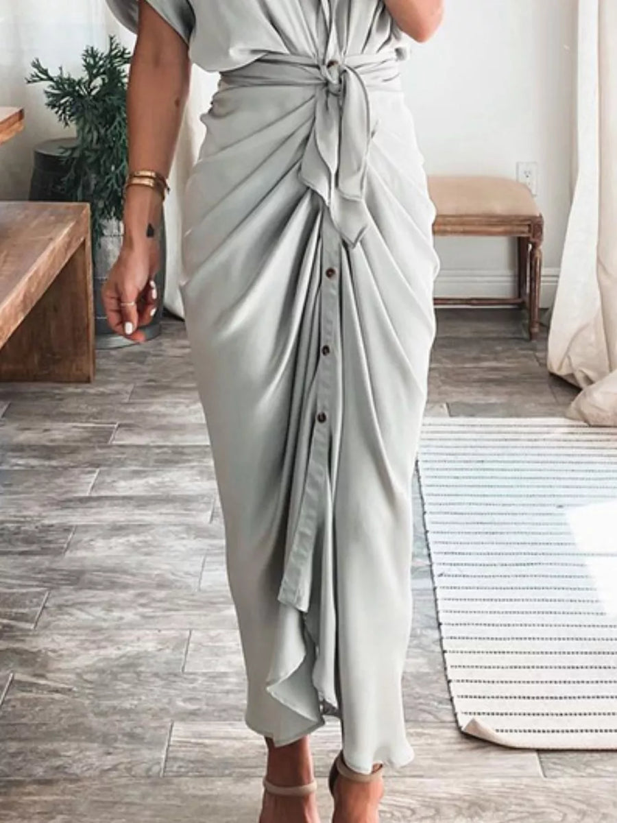 Light Gray tie-waist midi dress with button front and draped skirt.