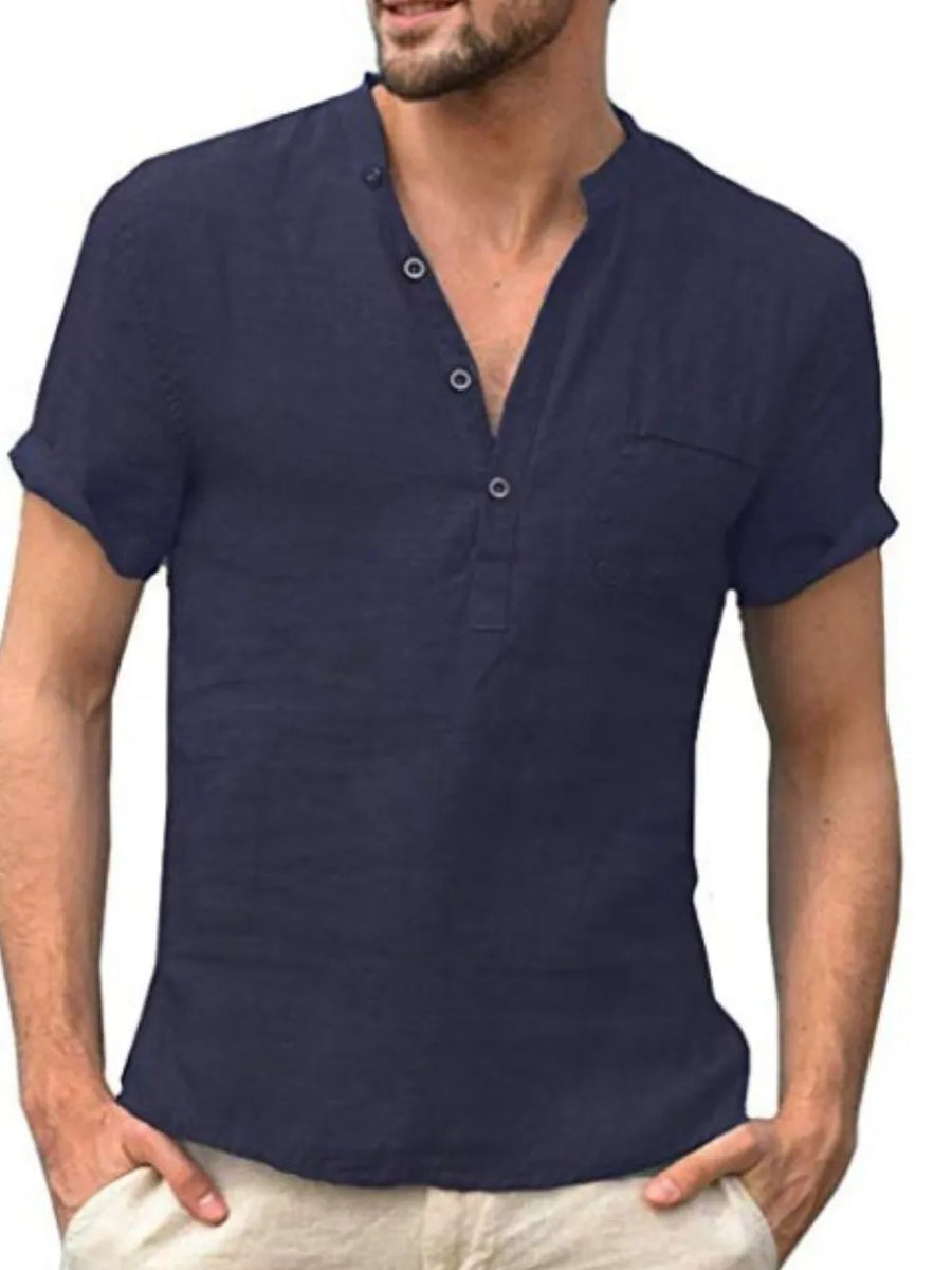 Navy linen henley shirt with short sleeves and button placket.