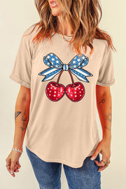 Tan graphic tee with patriotic cherry and bow print