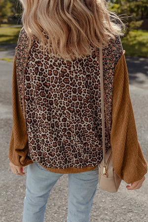 Leopard Floral Print Ribbed Puff Sleeve Sweatshirt in Brown
