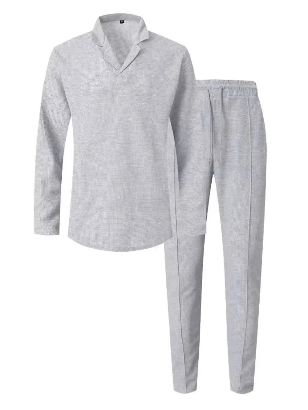Gray textured collar lounge set with long sleeves and drawstring pants.