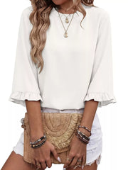 White ruffled mock neck half sleeve shirt with ruffle cuffs