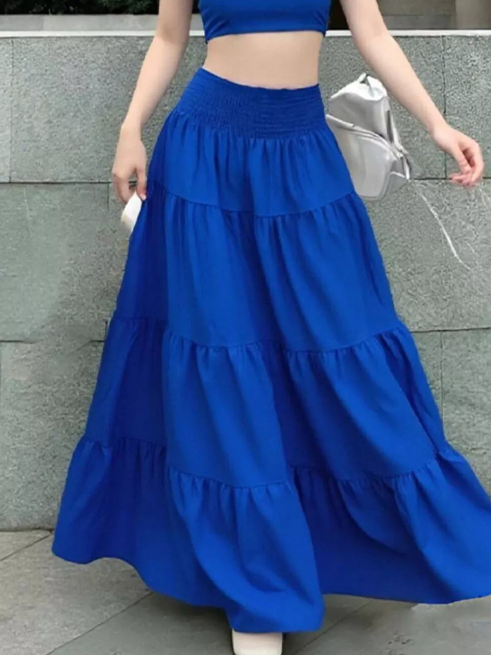 Royal blue ruffled crop top and tiered maxi skirt set with smocked waist