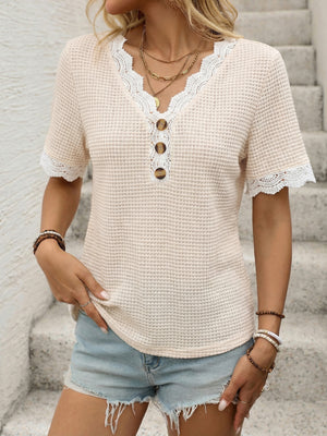 Apricot waffle knit tee with lace trim and button detail
