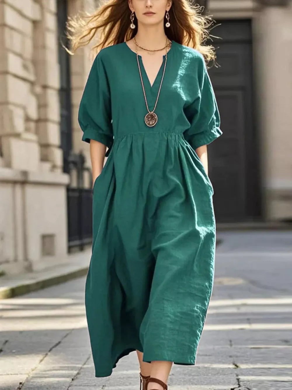bohemian midi dress in Wine Red with v-neck