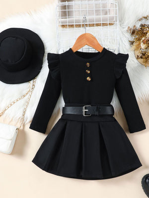 Black baby ruffle sleeve top with button detail and pleated skirt with belt