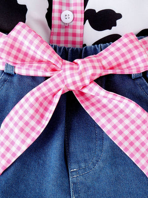 Baby cow print top and denim shorts set with pink gingham bow detail