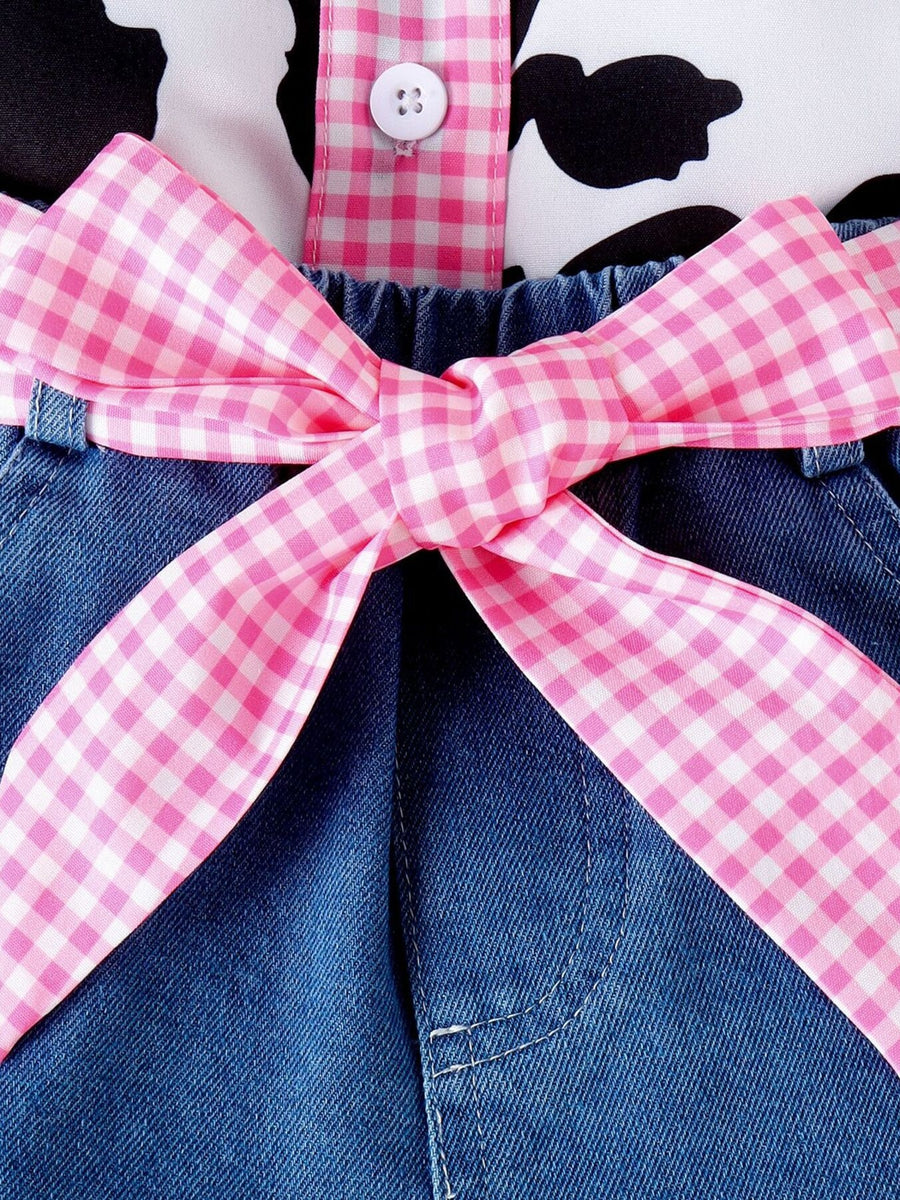 Baby cow print top and denim shorts set with pink gingham bow detail