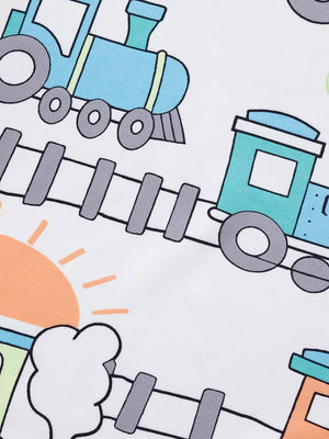 White fabric with a cartoon train and sun pattern