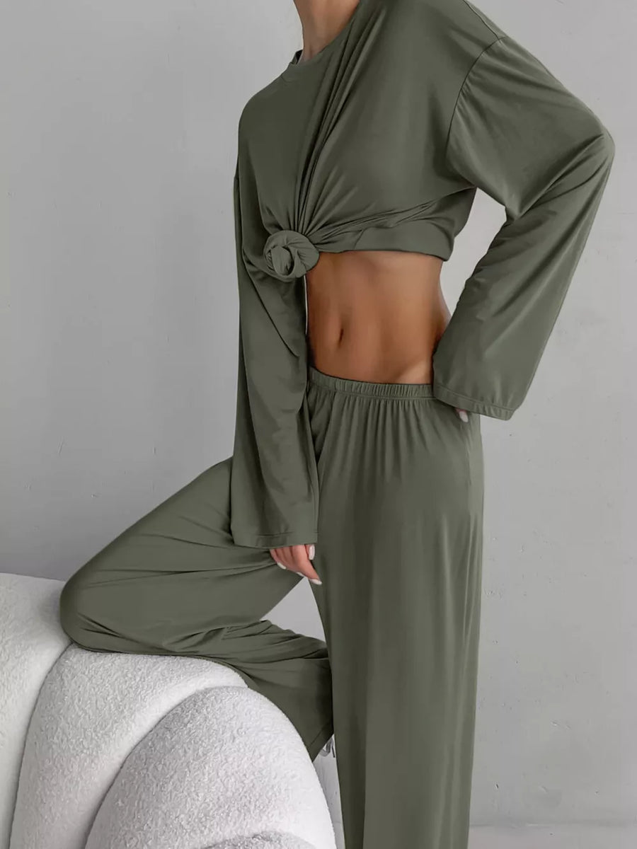 Coffee Brown relaxed pajama set with round neck