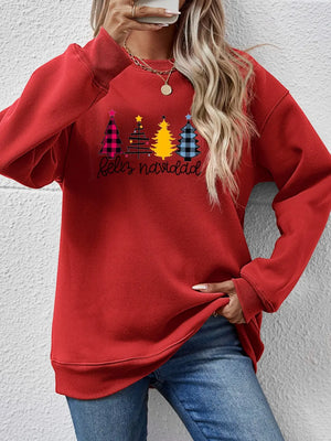 Red Feliz Navidad graphic crewneck sweatshirt with plaid and yellow Christmas trees.