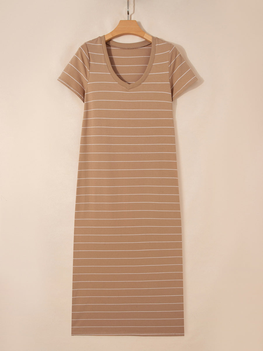 Brown striped maxi t-shirt dress with short sleeves and a v-neck.